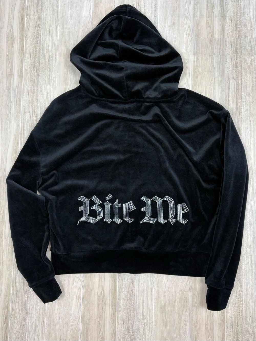 Black 'Bite Me' Bling Velour Zip Hoodie Medium McBling Y2K Style Mall Goth - Picture 5 of 10
